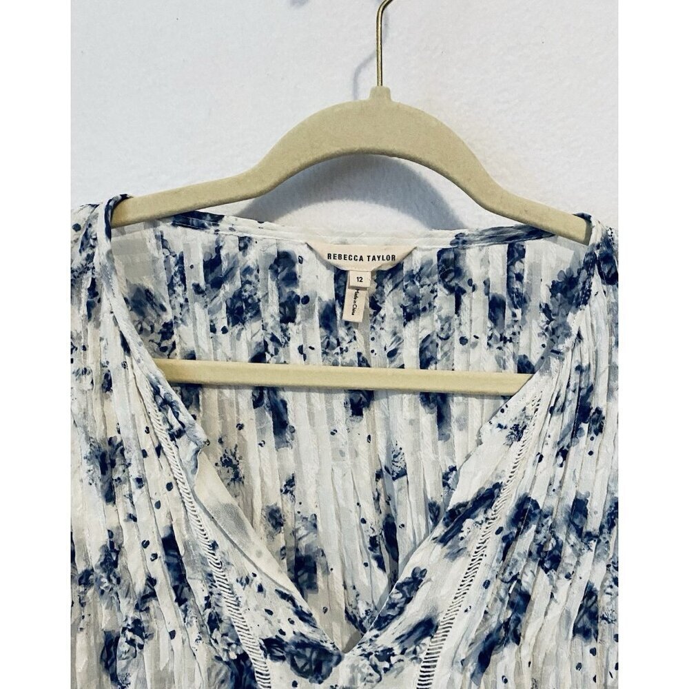Rebecca Taylor Top Womens 12 Blue White Meteor Floral Silk Cotton Romantic Boho - Picture 3 of 8